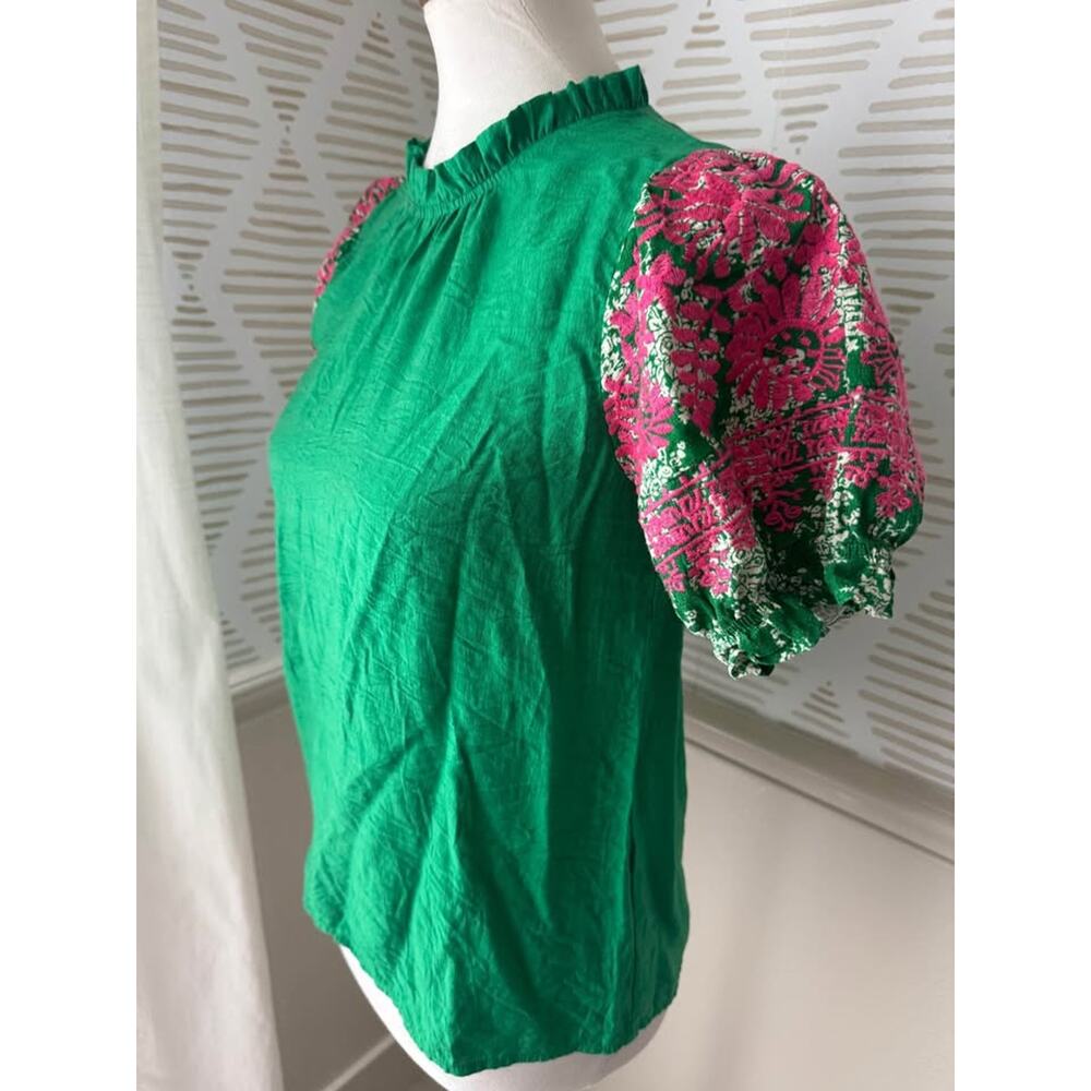THML Womenms XS Green Mock Neck Blouse Top with Pink Embroidered Puff Sleeves - Picture 2 of 7